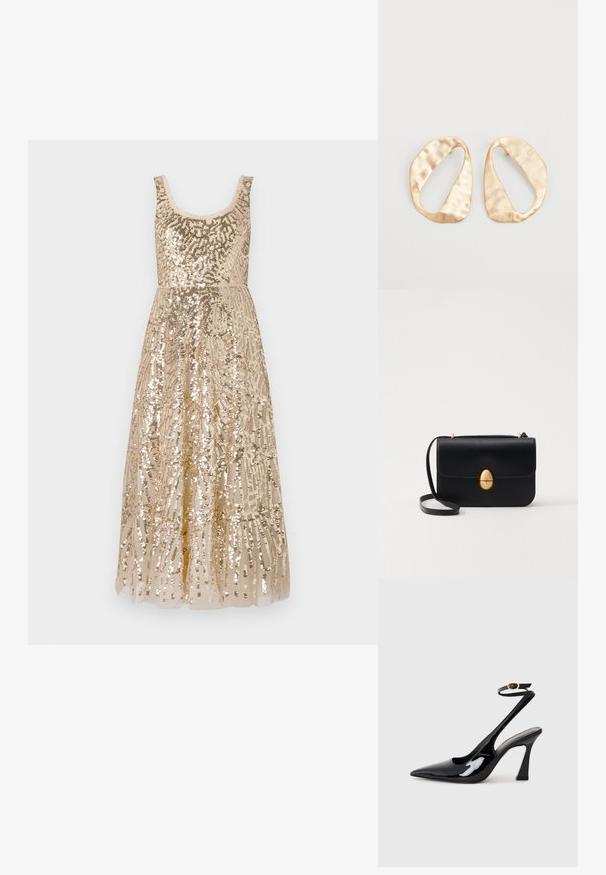 Beige kleit sädelustega, millel on ringjalt lõigatud kaelus, kaunistatud keerukate mustritega, millel on liibuv bodice, mis voolab täispikkusesse seeliku.; Mustad läikivad patendiga slingback-kõrged kontsad, millel on terav põlv ja reguleeritav pahkluu rihm, ning mõõdukas plokknukk. Sile tekstuur läikiva viimistlusega.; Must kase nahast käekott, millel on struktureeritud ristkülikukujuline kuju. Omab kuldset ovaalset lukku ja õhukest õlavarre rihma. Sile tekstuur.; Eba paar eba ebaorditud ovaalkujulisi kuldehhe kaal setertu, kerge keersuju pinnaga valgel taustal.