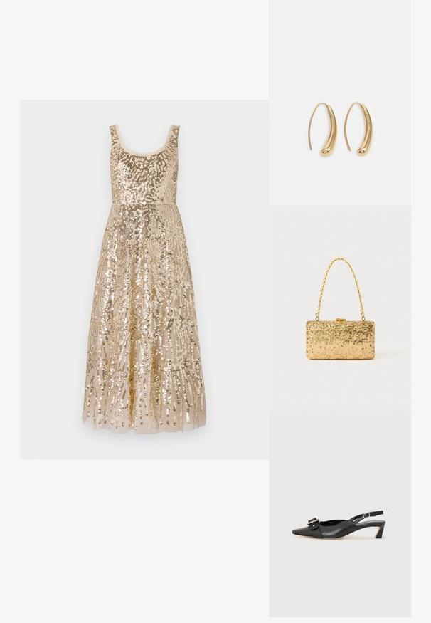 Beige sequin dress with a scoop neckline, embellished with intricate patterns, featuring a fitted bodice that flows into a full-length skirt.; Black leather slingback shoe with pointed toe, small heel, and decorative buckle detail on the upper. Smooth texture, minimalistic design.; Gold sequin clutch with a rectangular shape, featuring a twisted chain handle and a metal clasp closure, reflecting light with a textured finish.; Gold-tone metal hoop earrings with a curved, elongated shape. Features a smooth, shiny surface and a rounded tip for added detail.