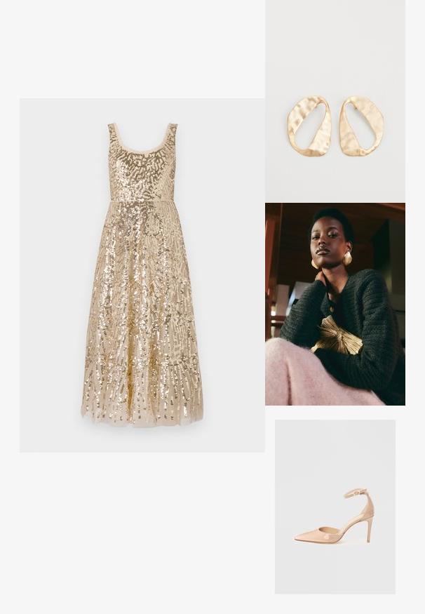 Beżowa sukienka z cekinami o okrągłym dekolcie, ozdobiona skomplikowanymi wzorami, z dopasowanym gorsetem przechodzącym w długą spódnicę.; Nude lakierowane buty na szpilce z odkrytym palcem i paskiem wokół kostki, charakteryzujące się gładką fakturą i minimalistycznym designem.; Loeffler Randall PLEATED FRAME WITH BOW - Kopertówka; Para nieregularnych, owalnych kolczyków ze złotego metalu o teksturowanej, lekko młotkowanej powierzchni na białym tle.