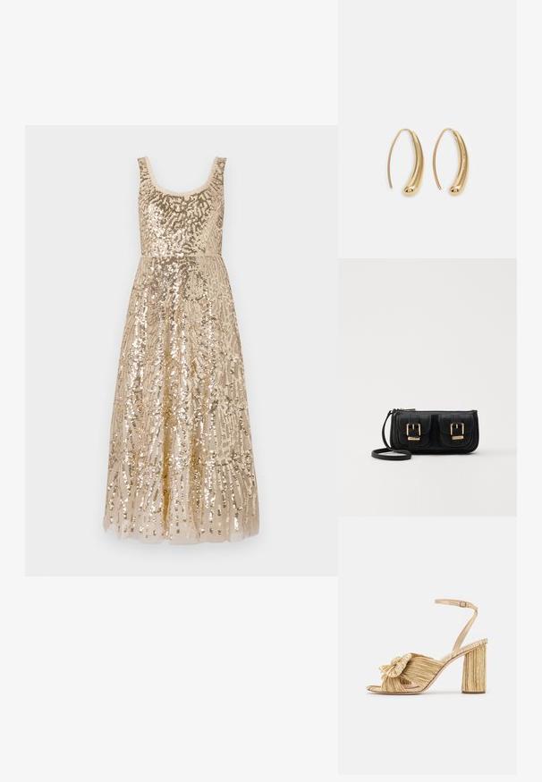 Rochie bej din paiete cu decolteu rotund, embellizată cu modele complicate, având un bust ajustat care se transformă într-o fustă lungă.; Sandale cu toc auriu, cu un front legat, textură plisată și curea la gleznă. Tocul bloc are un design cu nervuri, care îmbunătățește aderența.; Geantă neagră din piele, tip crossbody, cu două buzunare frontale, catarame aurii, închidere cu fermoar și o curea subțire. Suprafață texturată și formă rectangulară compactă.; Cercei din metal auriu, cu un design curbat și alungit. Au o suprafață netedă și strălucitoare, cu un vârf rotunjit pentru un detaliu suplimentar.