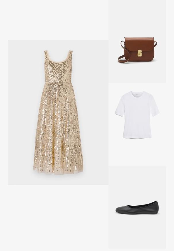 Beige kleit sädelustega, millel on ringjalt lõigatud kaelus, kaunistatud keerukate mustritega, millel on liibuv bodice, mis voolab täispikkusesse seeliku.; Valge lühikeste varrukatega T-särk ribatud kangast. Ümara kaelusega, tavalisest sobivusest ja peente õmbluse detailidega. Ilma mustrite või graafikateta.; Musthave mustika tantsutossud mustast nahast, ümmarguse varbaga, siledast tekstuurist, minimaalse õmblusdetailiga ja paindliku tallakujundusega.; Pruunist nahast käekott, millel on klapiga sulgur, kuldne riistvara, õlarihm ja sile tekstuur. Kompaktne ristkülikukujuline vorm.