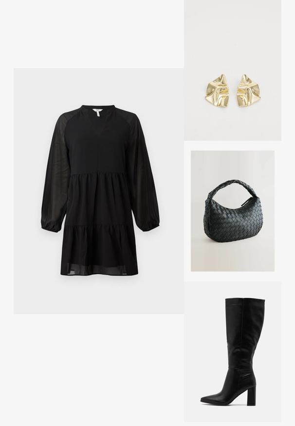 Rochie neagră cu decolteu în V, mâneci lungi din material transparent și design în straturi. Fabricată dintr-un material neted, cu o siluetă fluidă.; RAID JORDANN - Cizme cu toc - black; Geantă de mână împletită, neagră, cu o formă rotundă, suprafață texturată și un mânere gros împletit. Dispune de un sistem de închidere cu fermoar pentru stocare în siguranță.; Cercei metalici aurii cu un design ondulat; suprafață netedă și reflectorizantă; formă asimetrică; fără modele sau accesorii vizibile.