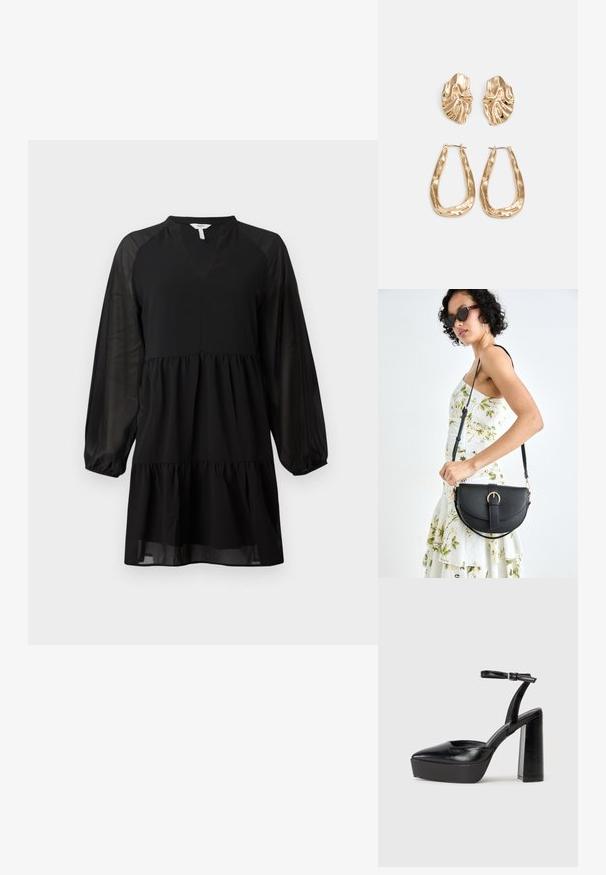 Crna haljina s v-izrezom, dugim prozirnim rukavima i slojevitom dizajnom. Izrađena od glatke tkanine s lepršavim siluetom.; Crne platforme s potpeticom s oštrim vrhom i podešivom naramenicom. Izrađene od glatke kože, s masivnom blok petom.; Crna kožna torba s lukovitim oblikom, odvojivim remenom i zlatnim detaljima. Torba ima preklop s kopčom.; Naušnice zlatne boje s teksturiranim, valovitim oblicima. Uključuju skulpturalne kopče i dizajn otvorene kružnice s kovanom završnom obradom.