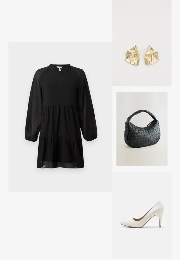 Fekete ruha V-nyakkivágással, hosszú áttetsző ujjal és réteges kialakítással. Simogatós anyagból készült, amely folyékony vonalvezetést biztosít.; Fehér lakkbőr magassarkú cipő hegyes orral és sima felülettel, karcsú sarka van, és alacsony kivágás található a nyílás körül.; Fekete szőtt kézitáska lekerekített formával, struktúrált felülettel és vastag fonott fogantyúval. Cipzáros záródással a biztonságos tárolás érdekében.; Arany fém fülbevalók hullámos mintával; sima, fényes felület; aszimmetrikus forma; látható minták vagy szerelvények nélkül.