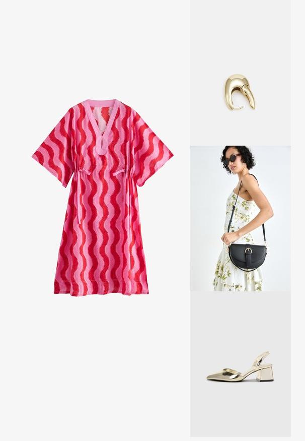 Cath Kidston KAFTAN - Denné šaty - pink red swirl print; Zlaté kovové lodičky na podpätku so špicatou špičkou a robustným podpätkom. Hladký povrch, minimalistický dizajn a úzka remienok.; Čierna kožená kabelka s zaobleným tvarom, odnímateľným popruhom a zlatými doplnkami. Kabelka má klopu s detailom s prackou.; Náušnice z kovu v zlatej farbe s elegantným, zakriveným dizajnom. Majú charakteristický špicatý tvar, leštený povrch a uzáver na pánt.