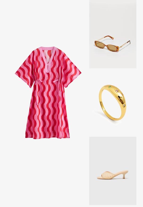 Cath Kidston KAFTAN - Vestido informal - pink red swirl print; Mules de tacón abiertos color beige con un acabado mate suave, que presentan brillantes de imitación transparentes decorativos dispuestos en un patrón en la parte superior.; Gafas de sol de carey marrón con montura rectangular, brazos de metal dorado y lentes de color marrón claro. Diseño elegante, sin logotipos visibles.; Anillo dorado con una banda lisa y redondeada que presenta cinco acentos de estrellas, cada uno engastado con piedras preciosas de colores en rosa, verde y azul.
