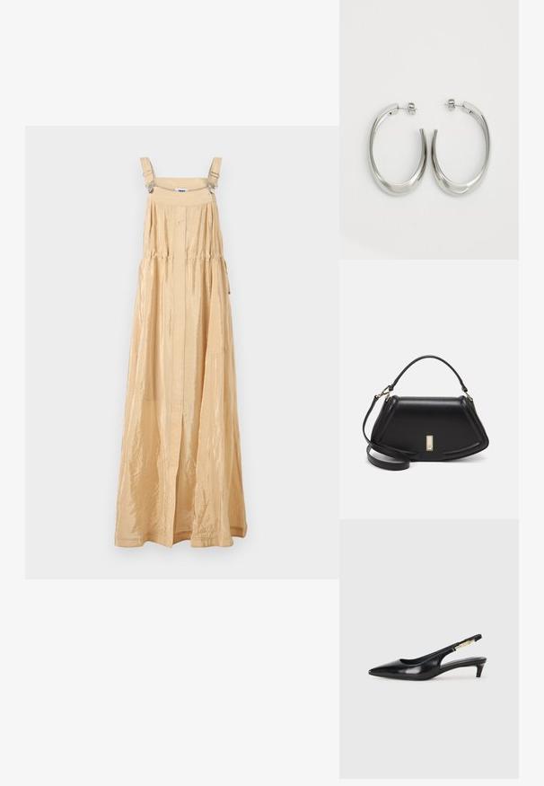 Long, sleeveless beige dress with shiny, crinkled texture. Features adjustable shoulder straps and a gathered waist for a relaxed fit.; Black leather slingback heels with a pointed toe, featuring a slim heel and a gold-tone accent on the adjustable strap. Smooth texture.; Black leather handbag with a structured design, featuring a cropped shape, top handle, and gold hardware accent. Adjustable shoulder strap included.; Silver hoop earrings with a smooth, curved design. Features a shiny metallic finish and stud closure. No visible patterns or accents.