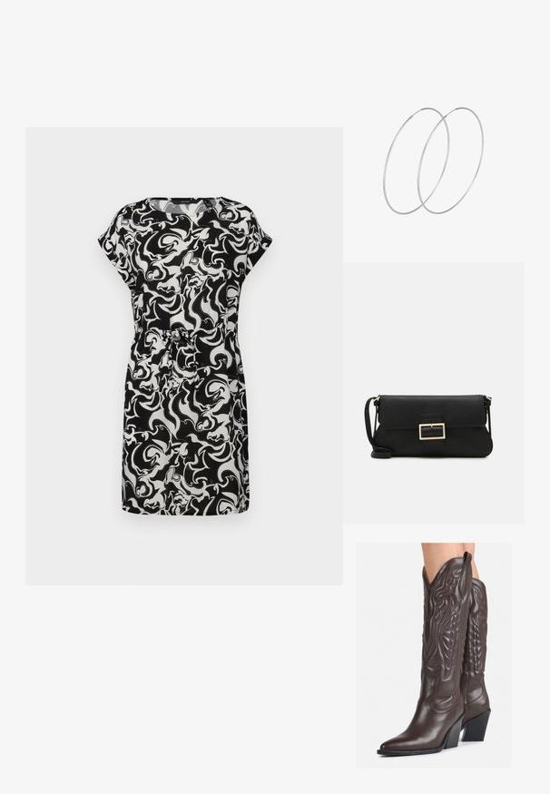 Juodos ir baltos spalvų trumpomis rankovėmis suknelė su besisukančiu abstrakčiu raštu, prigludusia juosmeniu ir minkšta medžiaga, suteikiančia laisvą siluetą.; Rudos odinės kaubojaus batai su smailiu priekiu ir blokuotu kulnu, pasižymintys detaliu siuvinėjimu ir iškiliais akcentais ant ašies.; Juodas odinis dėkliukas su atvarteliu ir auksinės metalinės sagties detalėmis. Įeina juodas diržas ir elegantiškas, minimalistinis dizainas.; Sidabrinės pusmėnulio auskarai minimalistiniu dizainu. Apskritimo forma, lygus paviršius ir plonas profilis. Lengvi su poliruotu apdailu.