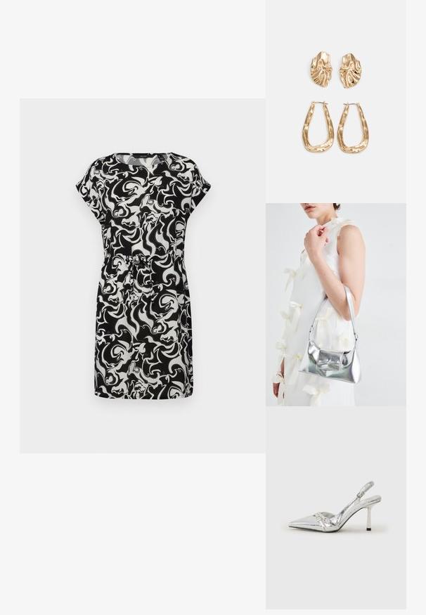 Vestido curto de manga curta em preto e branco com um padrão abstrato em espiral, cintura ajustada e tecido macio com um corte descontraído.; Sapato de salto alto slingback prateado com bico fino, acabamento metálico, duas correias decorativas e um salto esbelto com ponta preta.; Bolsa metálica prateada com uma forma estruturada, apresentando uma alça superior e um detalhe de laço na frente. Textura suave, acabamento reflexivo.; Brincos em tom de ouro com formas onduladas e texturizadas. Inclui studs escultóricos com presilha e um design de argola aberta com um acabamento martelado.