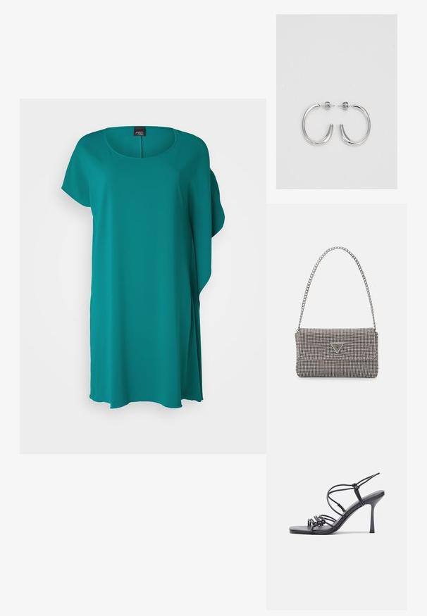 Teal dress with a rounded neckline, short sleeves, and a loose fit. Made from a smooth, lightweight fabric with a flowing silhouette.; Black high-heeled sandals feature thin straps with a knotted design, a smooth square toe, and a sleek stiletto heel.; Light gray metallic handbag featuring a chain strap, embellished with small circular metallic studs and a triangular brand logo.; Silver hoop earrings with a smooth, shiny finish. Rounded shape, lightweight design, featuring a post-back closure.