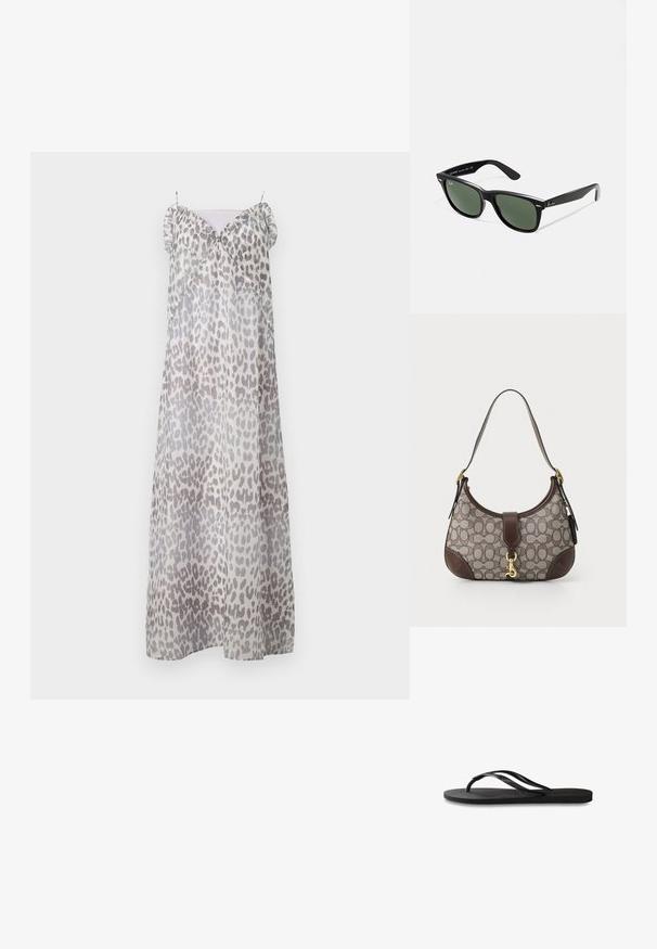 Baum und Pferdgarten ALVINE - Dolga obleka - grey; Črne natikače z teksturirano gumijasto podlogo, dvema ozkima trakoma in subtilnim, vtisnjenim logom na traku.; Črne plastične sončna očala z zelenimi lečami, kvadratni okvirji, srebrni detajl na obrvi in teksturirani ročaji. Blagovna znamka navedena na notranji strani ročaja.; COACH HAMPTONS HOBO BAG IN SIGNATURE JACQUARD - Torbica - oak maple