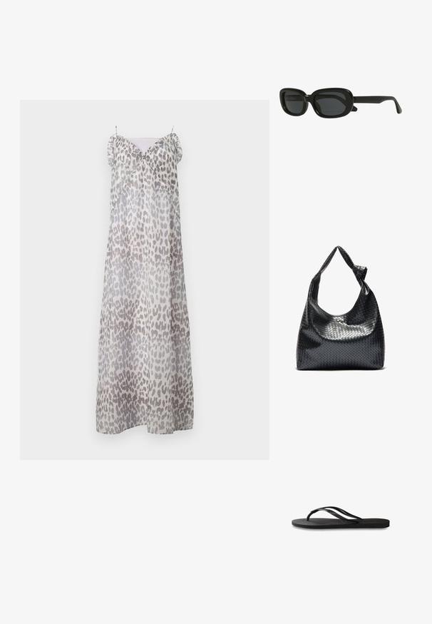 Baum und Pferdgarten ALVINE - Maksikleit - grey; Mustad mustes suss, millel on tekstureeritud kummist põhi, kaks peenikest rihma ja tagasihoidlik, reljeefne logo detail rihmal.; Mustad mustadringiga prillid mustas raamistikus, tumedate sihtpindadega ja stiilse disainiga. Käed on sujuva viimistlusega.; Must muströmpa mustri nahast käekott, millel on lõtv disain, varustatud sõlmitud rihmaga ja väikese dekoratiivse kuldse nupu ülaosas.