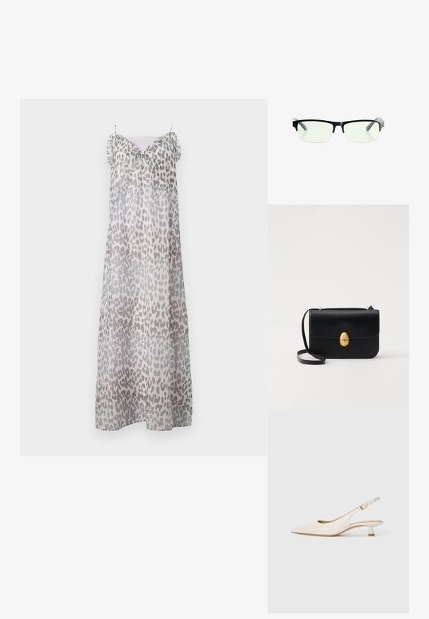 Baum und Pferdgarten ALVINE - Maxi ruha - grey; Krém színű, hegyes orrú, sarok nélküli cipő alacsony, kiscica sarkúval és arany csattal sima fehér háttér előtt.; Fekete téglalap alakú szemüveg, tiszta lencsékkel, elegáns fekete kerettel és szürke áttetsző szárakkal. Minimalista dizájn, látható márkajelzés nélkül.; Fekete bőr kézitáska, struktúrált, téglalap alakú formával. Arany ovális kapoccsal és vékony vállpánttal rendelkezik. Sima textúrájú.