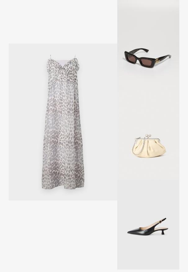 Baum und Pferdgarten ALVINE - Rochie maxi - grey; Pantofii cu toc kitten slingback din piele neagră, cu vârf ascuțit și cataramă aurie pe brățara laterală, pe un fundal alb.; Ochelari de soare tortoiseshell negri cu lentile dreptunghiulare, nuanță de maron, ramă groasă și detaliu cu logo dublu-G aurie pe temple.; Clutch din piele plisată bej, cu un cadru din metal argintiu, având două închideri decorative rotunde și o curea din lanț argintiu.
