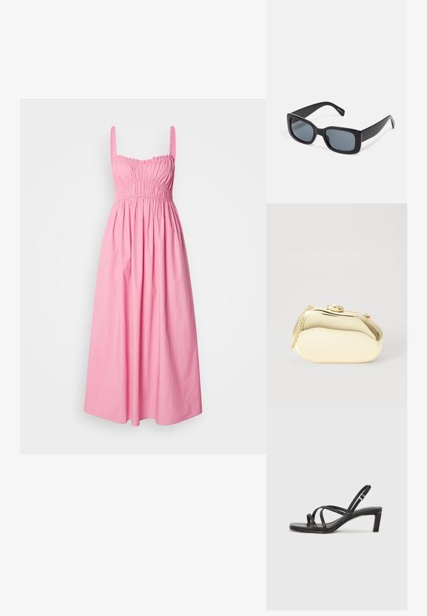 Pikk roosa kleit, mis on valmistatud puuvillast, omab volditud rinda, õhukesi õlavarre rihmasid ja voolavat seelikut, tagades mugava sobivuse.; Mustast rihmajalatsid ruudukujulise varba ja madala ploki kontsaga. Omab mitmeid õhukesi rihmasid ja reguleeritavat pahkluu rihma. Valmistatud siledast nahast.; Mustad mustad prillid tumedate läätsedega, paks plastikraam ja laiad templid. Sile pind ja nurgeline disain.; Kuldne metallist käekott sujuva, ümarate kujude ning ülemise nupuvajutusega kinnitusega. Koti küljes on väike kett, et oleks mugav kanda.