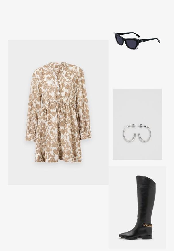 Rochie cu model maro și crem, cu mâneci lungi, decolteu rotund, închidere cu nasturi și talie cu șnur pentru un ajustare confortabilă.; Cizme negre din piele înalte, cu un design elegant, vârf ascuțit și un accent de lanț auriu la gleznă. Toc mic în formă de bloc. Textură netedă.; Ochelari de soare supradimensionați, negri, cu o formă geometrică, având lentile întunecate și un detaliu gri contrastant pe ramă. Logo pe braț.; Cercei rotunzi din argint cu un finisaj neted și strălucitor. Design ușor, având o formă rotundă și închidere cu tijă.