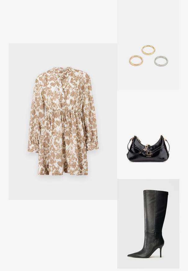 Barna és krém mintás ruha, hosszú ujjal, kerek nyakkivágással, gombos elülső résszel és húzózsinóros derékkal a személyre szabható illeszkedésért.; Fekete bőr térdmagasságú csizma hegyes orral és karcsú tűs sarokkal, sima textúrával, oldalnézet semleges háttér előtt.; Fekete lakkbőr táska íves kialakítással, aranyszínű fémrészletekkel és egy hangsúlyos logóval. Tartalmaz egy levehető vállpántot.; Három fémgyűrű: az egyik rose gold, a másik texturált akcentusokkal ellátott arany, a harmadik pedig ezüst, mindegyiken gravírozott márkajelzés található a belső sávon.