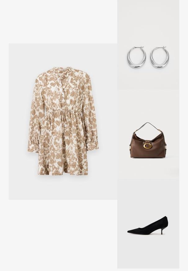 Pruun ja kreemjas mustriga kleit, millel on pikad varrukad, ümar kaelus, nupuvärke ja kinnituspael, mis võimaldab reguleerida figuuri.; Must musta kõrge kontsaga king, millel on terav varvas ja õhuke, madal konts. Sile tekstuur ja sujuv disain, ilma nähtava riistvarata.; Pruun naha kott tekstuuriga pinnaga, millel on kuldse tooni sulgur ja ühekordne, kaardus õlarihm.; Polished hõbedased kuplikuulidega kumerad kõrvarõngad, millel on hingedega klambrid, valgel taustal.