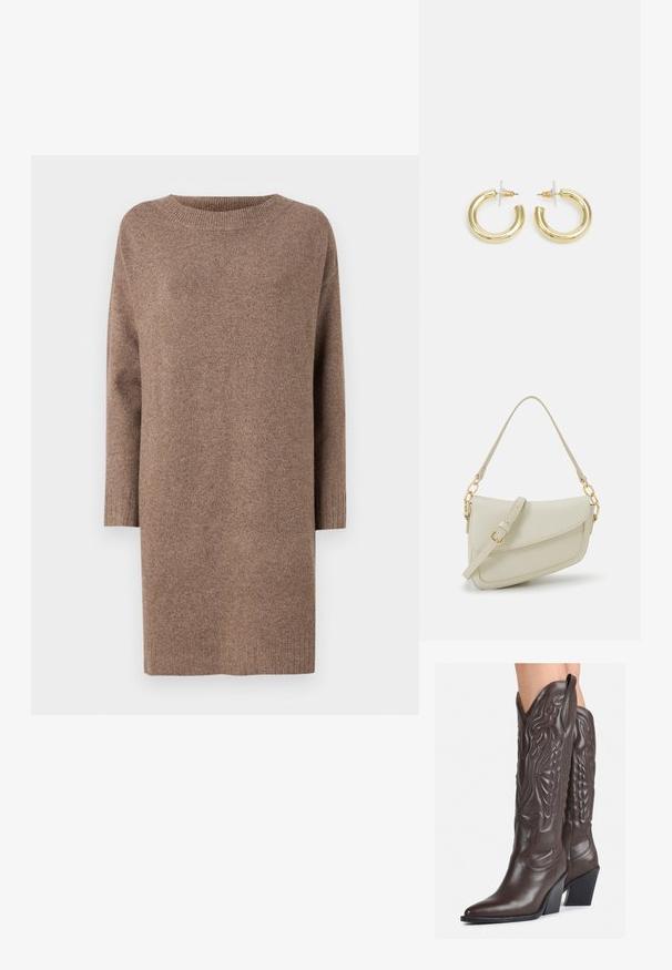 Robe pull en tricot marron, avec un col rond et des manches trois-quarts. Texture douce avec des poignets et un ourlet côtelés.; Bottes de cowboy en cuir marron avec un bout pointu et un talon bloc, présentant des coutures détaillées et des accents en relief sur la tige.; Petit sac à main crème avec une finition texturée, une longue sangle réglable, un accent en chaîne et une fermeture à rabat. Détails en matériel doré.; Boucles d'oreilles en or avec une finition lisse et brillante. Design circulaire présentant un petit clou et une attache transparente pour un port sécurisé.