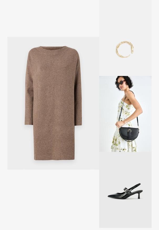 Pruun kudumistöö kleit, millel on ümar kaelus ja kolmandiku pikkusega varrukad. Pehme tekstuur ribatud mansettide ja allservaga.; Mustad patenteeritud nahast sildiga kontsad, millel on terav nina ja väike plokk-konts, mille rihmal on hõbedane pandla aksessuaar.; Mustmust mustraha kõverate joontega, eemaldatava rihmaga ja kuldsete detailidega. Kotil on klapp, millel on pandladetail.; Kuldtoonis sõrmus, millel on orgaaniline, keerdunud disain sileda tekstuuri ja kitsenevate otstega, luues kaasaegse skulptuurilise välimuse.