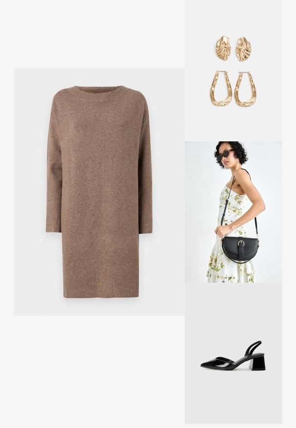Brun strikket kjole, med rund hals og trekvart ermer. Myk tekstur med ribbestrikkede mansjetter og fald.; Svarte patentlær slingback hæler med spiss tå og geometrisk blokk hæl. Har et stilrent, minimalistisk design og jevn tekstur.; Svart lærveske med en buet form, avtagbar stropp og gullbeslag. Vesken har et klaff med spenne-detall.; Gullfargede øredobber med teksturerte, bølgete former. Inkluderer skulpturelle klipsstuds og åpen hoop-design med en hamret finish.