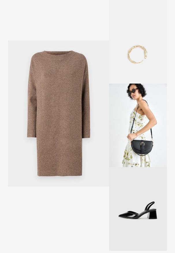 Abito in maglia marrone, con scollatura rotonda e maniche a tre quarti. Tessuto morbido con polsini e orlo a coste.; Décolleté in vernice nera con punta affusolata e tacco in geometria cubica. Presentano un design elegante e minimalista, con una texture liscia.; Borsa a tracolla nera in pelle con una forma curva, manico rimovibile e accessori dorati. La borsa presenta una patta con un dettaglio a fibbia.; Anello in tono oro con un design organico e Twisted, caratterizzato da una superficie liscia e punte affusolate, che crea un aspetto moderno e scultoreo.