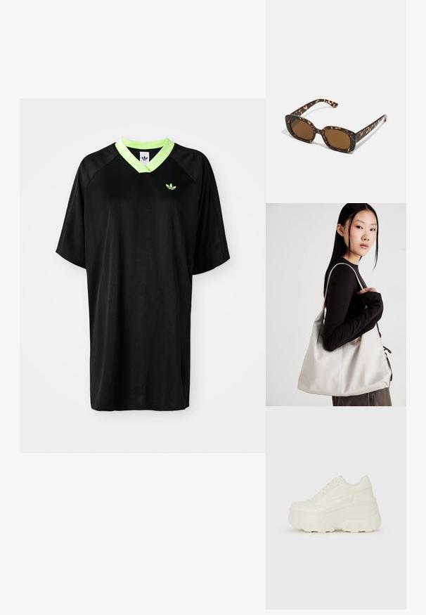 Camisola atlética preta de mangas curtas com um colarinho em V verde e um logotipo bordado no peito. Tecido suave e corte descontraído.; Tênis brancos de plataforma com um cabedal suave semelhante a couro, formato arredondado, colarinho acolchoado e sola de borracha texturizada com ranhuras bem definidas.; Óculos de sol tartaruga com uma armação redonda e robusta e lentes castanhas. Apresenta padrões subtis e hastes direitas e afinadas.; Uma bolsa bege feita de material macio, com um design descontraído, detalhes de costura e duas alças para o ombro. Adequada para uso diário.