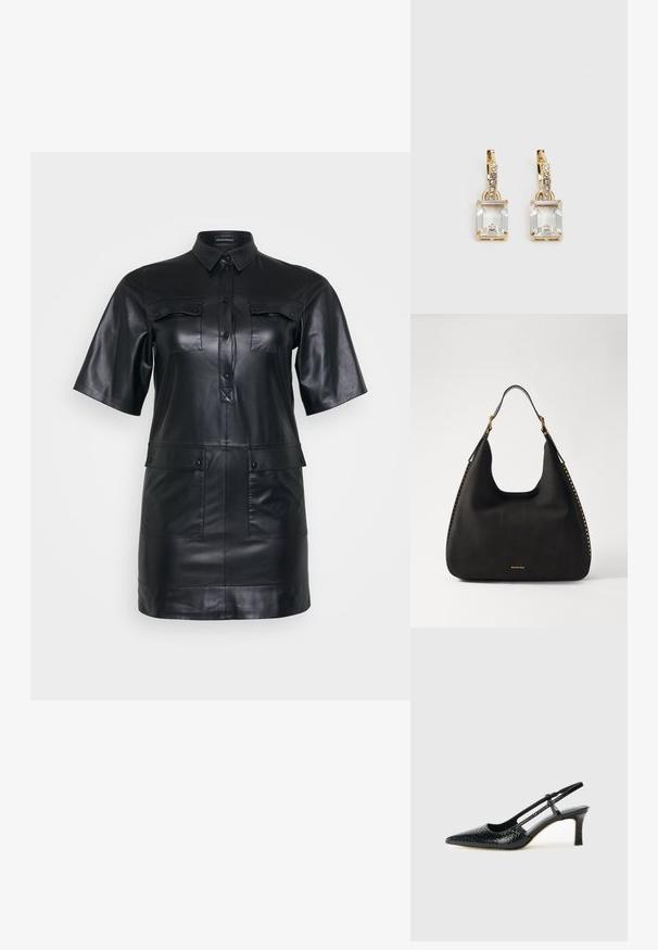 Mustast nahast lühikeste varrukatega kleit särk, millel on nööbiga esitasku, kaks rinna klapp-taskut ja kaks alumist klapp-taskut.; Mustmust paelad, millel on terav varvas, tekstuuriga maduprindiga, reguleeritav rihm ja lühike tekstuuriga plokknina.; MICHAEL Michael Kors NOLITA HOBO  - Käekott - black; Kuldtooni kõrvarõngad, millel on ristkülikukujuline, selge kristall, mis ripub allapoole väikeste ümmarguste selgete aktsentide rida. Viimistletud, kaasaegne disain.