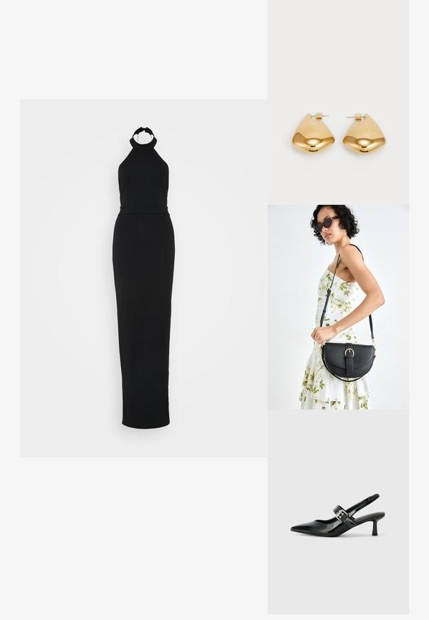 WAL G TALL LEILA HALTERNECK DIAMANTE MAXI - Žerzejové šaty - black; Černé lakované boty na podpatku typu slingback s špičatou špičkou a malým blokovým podpatkem, které mají na pásku stříbrný přezkový akcent.; Černá kožená kabelka s křivkovým tvarem, odnímatelným popruhem a zlatými detaily. Kabelka má klopu s přezkou.; Náušnice z kovu ve zlatém tónu s hladkým, zaobleným trojúhelníkovým tvarem a designem na zadní upevnění; lesklý povrch s minimálními detaily.
