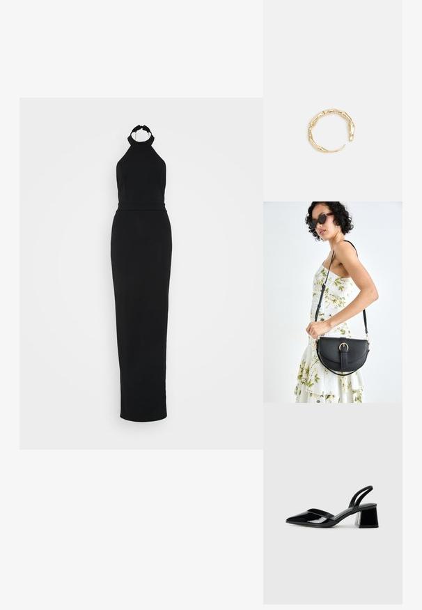 WAL G TALL LEILA HALTERNECK DIAMANTE MAXI - Džersio suknelė - black; Juodos lakuotos odinės šlepetės su smailiu pirštu ir geometriniu bloko kulnu. Turi elegantišką, minimalistinį dizainą ir lygų paviršių.; Juodas odinis krepšys su išlenkta forma, nuimamu dirželiu ir auksiniais detalėmis. Krepšys turi kilpą su sagtimi.; Auksinės spalvos žiedas, turintis organišką, sukimosi dizainą su lygiu paviršiumi ir siaurėjančiais galais, sukuriantis modernią skulptūrinę išvaizdą.