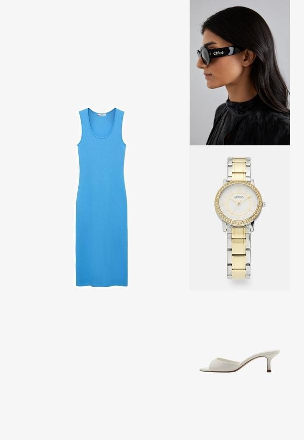 Plava haljina bez rukava napravljena od glatkog, rastezljivog materijala, s izrezom u obliku četvrtastog vrata i prilagođenim krojem do članaka. Nema vidljivih uzoraka ili hardvera.; Bijele otvorene sandale s visokom petom, glatke površine, minimalističkog dizajna i uske pete, sa suptilnim smeškastim naglaskom na đonu.; Crne sunčane naočale s okruglim lećama i odvažnim, uglatim okvirom s brendom "Chloé" u bijeloj boji sa strane. Glatka, sjajna završna obrada.; Okrugli sat od nehrđajućeg čelika sa srebrnim i zlatnim metalnim povezom. Bijela ploča ima zlatne naglaske i bezelj ukrašen kristalima.