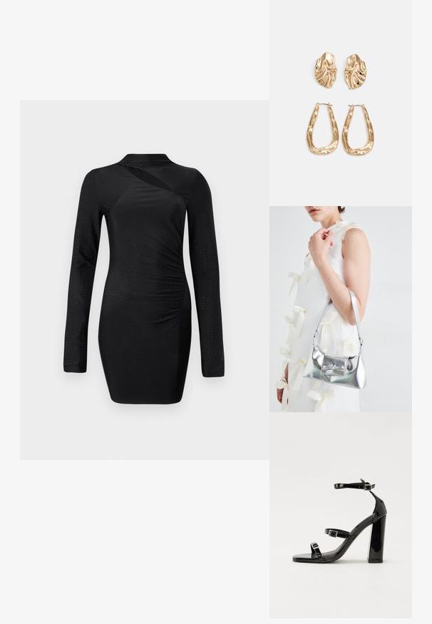Rochie neagră cu mâneci lungi, având o siluetă ajustată, cu un design înfășurat, țesătură texturată și detalii discrete sub formă de puncte pe întreaga suprafață.; Sandale cu toc din patent negru, cu vârf pătrat, curele la gleznă și catarame din argint. Dispune de un toc gros pentru stabilitate.; Geantă metalică argintie cu o formă structurată, având un mâner superior și un detaliu sub formă de fundă pe față. Textură netedă, finisaj reflexiv.; Cercei aurii cu forme texturate și ondulate. Include studs sculpturale cu clip și un design de cerc deschis cu un finisaj cioplit.