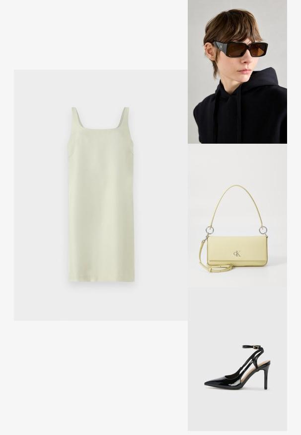 Lys grønn ermeløs kjole med kvadratisk utringning, glatt tekstur og minimalistisk design; har subtile sidesømmer uten ekstra utsmykninger.; Svart lakkert høye hæler med åpen bakside og spiss tå, justerbar ankelrem og åpne sider. Jevn tekstur.; Svart oversized solbriller med glanset finish, rektangulær form, brune tonede linser og detaljer med gulllogo på tempelene.; Gul veske i lær med en jevn tekstur, utstyrt med sølvfarget hardware, en justerbar stropp og et logoakcent på forsiden.