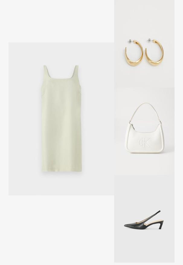 Robe sans manches vert clair avec un décolleté carré, texture lisse et design minimaliste ; présente des coutures latérales subtiles sans embellissements supplémentaires.; Slingback noir à bout pointu avec un petit talon, en cuir lisse et doté d'un design découpé sur le côté pour plus de respirabilité.; Sac à main en cuir blanc avec une forme courbée, arborant un logo "CK" embossé à l'avant et une seule bandoulière. Fermeture à glissière en haut.; Boucles d'oreilles créoles de couleur dorée avec un design lisse et courbé. Fabriquées en métal, elles possèdent une finition élégante et une fermeture à tige.