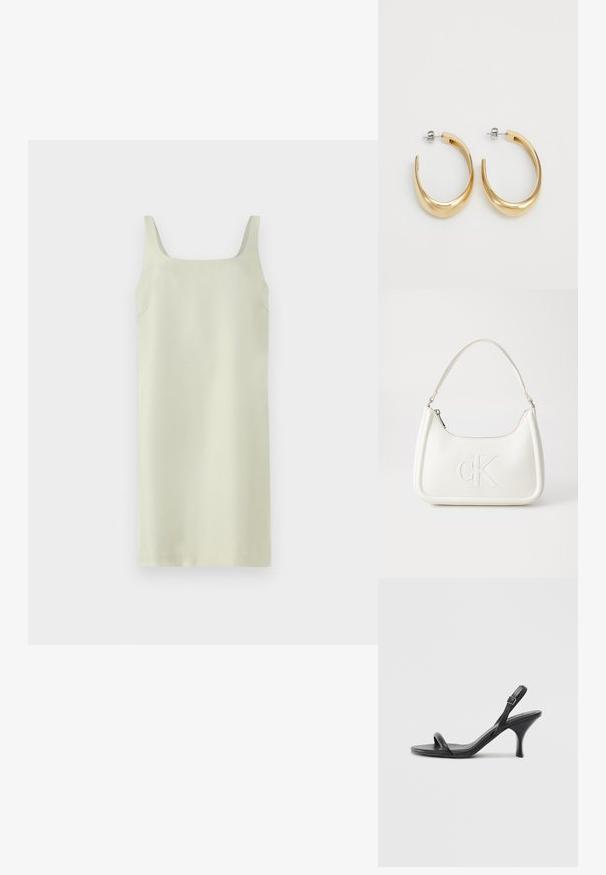 Ljust grönt ärmlöst klänning med fyrkantig halsringning, mjuk textur och minimal design; har diskreta sid sömmar utan extra utsmyckningar.; Svarta läder högklackade sandaler med en smal, böjd klack och ett korsat remdesign. Justerbar ankelrem. Slät textur.; Vit läderhandväska med en böjd form, som har en präglad "CK"-logotyp på framsidan och ett enda axelband. Dragkedjestängning upptill.; Guld-färgade hoops örhängen med en slät, böjd design. Tillverkade av metall och har en elegant yta samt bakre stiftfäste.