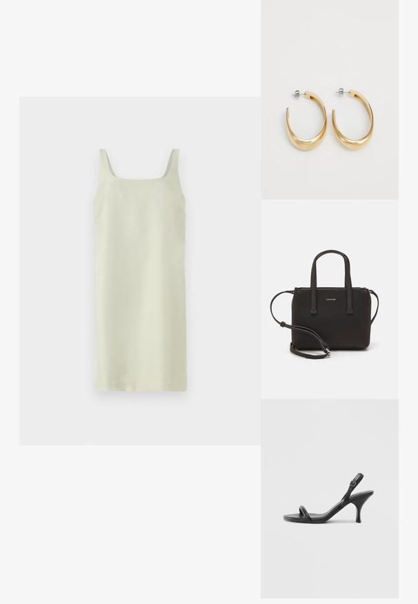 Lys grøn, ærmeløs kjole med firkantet halsudskæring, glat tekstur og minimalt design; har diskrete sidesømme uden yderligere udsmykninger.; Sorte læder højhælede sandaler med en slank, buet hæl og et krydset stropdesign. Justerbar ankelrem. Glat tekstur.; Sort håndtaske med to korte håndtag og en aftagelig skulderrem. Glat læderagtigt materiale med lynlåslukning og logo detaljer.; Guldfarvede hoop øreringe med et glat, buet design. Fremstillet af metal, med en elegant overflade og post-back lukning.