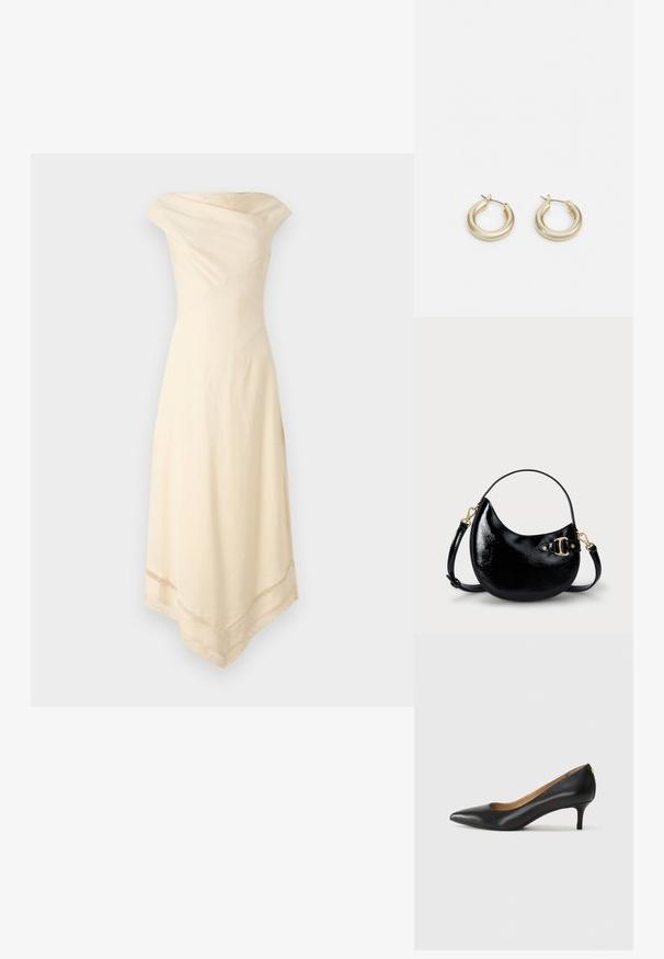 Faithfull the brand ALVA DRESS - Rochie de zi - beige; Pantofii din piele neagră au vârful ascuțit, toc mic și o textură netedă. Au o deschidere ușoară în față și un hardware minim în spate.; Geantă de mână din piele patent neagră, cu o formă curbă, curea ajustabilă și detalii din metal auriu pe lateral. Textură netedă și lucioasă.; Lauren Ralph Lauren BASIC SMALL HOOP - Cercei - gold-coloured