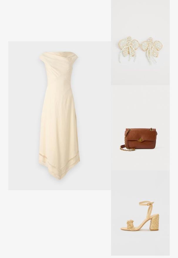 Faithfull the brand ALVA DRESS - Dnevna haljina - beige; Bež sandala s visokom potpeticom, s pletenom teksturom, ukrašena cvijetom i remenom oko gležnja. Kvadratna potpetica dodaje stabilnost.; Smeđi kožni torbica preko tijela s preklopnim zatvaranjem, zlatnim hardverom i lancem za remen. Glatka tekstura, pravokutni oblik, minimalni detalji.; Naušnice u obliku cvijeta od bisera s zlatnim akcentima. Svaka latica sadrži male, okrugle bisere raspoređene u cvjetni dizajn, s dugim detaljima od bisera.