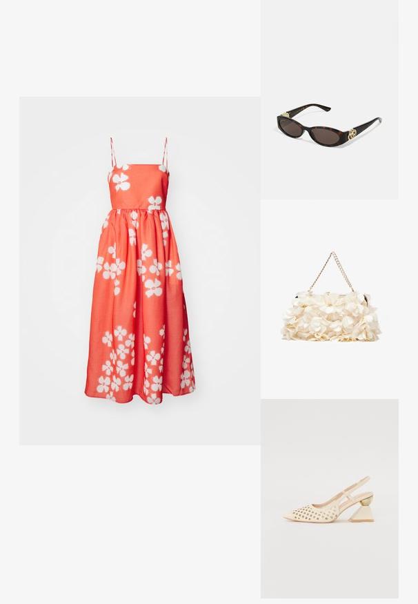 Koralo spalvos maxi suknelė su baltais gėlių raštais, turinti plonus dirželius, sutrauktą juosmenį ir lengvą, glotnią medžiagą.; Bežinės slingback bateliai su perforuotu viršumi, smailiu nosiu ir kontrastinga trikampio formos pakulne, papuošta aukso akcentu. Apskritai sklandus paviršius.; Tortoise kiaurinių saulės akinių su pailgomis ovalo formos lęšiais, rudos spalvos atspalviu, auksinėmis logotipo detalėmis ant šakelių ir elegantiškais juodais rankenėlėmis.; Balta gėlių rankinė su susiraukšlėjusia audinio paviršiumi, auksinės spalvos grandinėlės dirželiu ir metaliniu uždarymu. Papuošta tekstūruotomis žiedlapėmis, pridėjančiomis detalių.