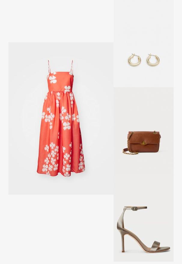 Maxi haljina u koraljnoj boji s bijelim cvjetnim uzorkom, s tankim trakama, nabranim strukom i glatkim, laganim materijalom.; Srebrne satenske sandale na visokom potplatu s trakicom oko gležnja, ukrašene dekorativnom kopčom. Otvoren prst i vitak, elegantan dizajn.; Smeđi kožni torbica preko tijela s preklopnim zatvaranjem, zlatnim hardverom i lancem za remen. Glatka tekstura, pravokutni oblik, minimalni detalji.; Lauren Ralph Lauren BASIC SMALL HOOP - Naušnice - gold-coloured