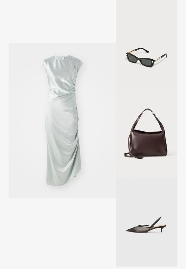 Satin midi haljina u svijetlozelenoj boji, s kratkim rukavima, okruglim izrezom, detaljem naboranih stranica i tijesnim krojem.; NEOUS IRENA - Klasične cipele s visokom petom - black; Swarovski Sunčane naočale - black; Smeđa kožna torba s strukturiranim oblikom, s jednim gornjim ručkom i odvojivim remenom za rame. Detalji od zlatnog metala.; Srebrna prsten sa tri različita kamena: prozirni okrugli, mali ružičasti i fasetirani prozirni kamen, sa glatkom, zaobljenom trakom.