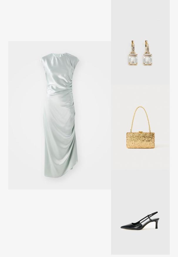 Šviesiai žalia satino midi suknelė su trumpomis rankovėmis, apvaliu iškirpimu, šoninėmis raukinėmis ir prigludusiu siluetu.; Juodai lakuoti slingback aukštakulniai su smailiu nosiu, su tekstūruotu gyvatės raštu, reguliuojama juosta ir trumpu, tekstūruotu blokiniu kulnu.; Auksinė blizgučių rankinė, stačiakampio formos, su susuktos grandinėlės rankena ir metaliniu užsegimu, atspindinti šviesą su tekstūruotu paviršiumi.; Auksinės spalvos auskarai, kuriuose yra stačiakampis, skaidrus kristalas, kabantis po eile mažų, apvalių skaidrių akcentų. Šiuolaikiškas, modernus dizainas.