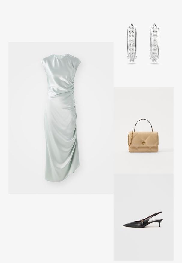 Rochie midi din satin de culoare verde deschis, cu mâneci scurte, decolteu rotund, detalii cu pliere laterală și o siluetă ajustată.; Sandale cu toc slingback din piele neagră, cu vârf ascuțit, toc subțire și un accent auriu lângă curea. Textură netedă și design simplu.; Geantă de mână din piele bej matlasată, cu accesorii aurii, curea din lanț și un mâner superior. Dispune de un capac frontal și detalii cu logo-ul emblematic.; Cercei hoop argintii cu o serie de pietre mici, rotunde și clare, amplasate pe partea frontală, finisaj lustruit cu un închizător sigur.