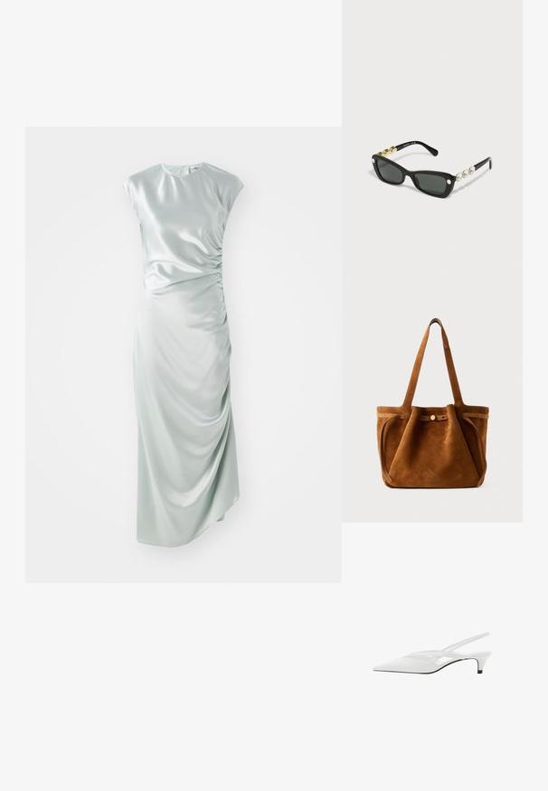 Satin midi obleka v svetlo zeleni barvi, ki ima kratke rokave, okroglo vratno izreza, stranske gube in oprijet silhueto.; Bela slingback peta z ošiljenim nosom, z gladkim zgornjim delom, subtilnimi izrezi in nizkim blok petkom. Črna podplat poudarja dizajn.; Swarovski Sončna očala - black; Rjava nubuk torba za ramena z dvema ročajema, z loputo na gumb in sproščenim, rahlo ohlapnim oblikovanjem.; Srebrn prstan z tremi različnimi dragulji: prozorna okrogla, majhna roza in fasetirana prozorna kamen, z gladkim, zaobljenim trakom.