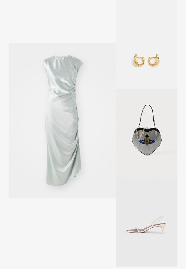 Šviesiai žalia satino midi suknelė su trumpomis rankovėmis, apvaliu iškirpimu, šoninėmis raukinėmis ir prigludusiu siluetu.; Baltos slingback šlepetės su lengvu kulnu, plonais dirželiais ir lygia odos tekstūra; turi mažą dekoratyvinę sagtelę.; Širdies formos tinklinė rankinė su metaliniu blizgiu, kurioje vaizduojamas katės ir planetos dizainas mėlyna, geltona ir raudona spalvomis. Įskaičiuota grandinėlė.; Auksiniai auskarai-žiedai su lygiu, apvaliu dizainu ir blizgiu paviršiumi. Auskarai turi kompaktišką, masyvų forma ir be siūlių užsegimą.