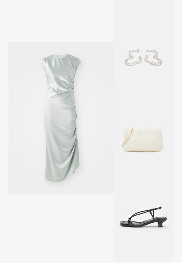 Satinová midi šaty svetlozelenej farby s krátkymi rukávmi, okrúhlym výstrihom, bočnými riaseniami a tesným strihom.; Čierne kožené sandále s tenkými remienkami, nízkym blokovým opätkom a štvorcovou špičkou. Majú pracku na uzatvorenie a hladký povrch.; Biela textúrovaná kabelka na ruku s nariaseným dizajnom, s zlatým reťazovým popruhom. Hladký povrch s jemnými vlnkami a zaoblenými hranami.; Strieborné náušnice s vlnitým, abstraktným dizajnom zdobené malými, iskriacimi kryštálmi. Zabezpečené zapínanie na postrannú sponu.