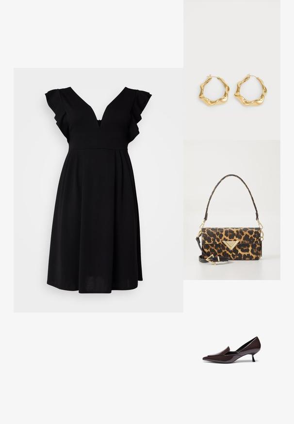 Crna haljina s V-izrezom, volanastim kratkim rukavima i lepršavim siluetom. Napravljena od mekanog materijala, sa suptilnom teksturom i detaljem sa rajsferšlusom.; Cipele s uskim vrhom u tamnosmeđem lakiranom kožnom materijalu s niskom stiletto petom i elegatnim siluetom, s lagano podignutim prednjim dijelom.; Torba s leopard uzorkom od teksturirane umjetne kože, s pozlaćenim trokutastim akcentom i odvojivim remenom za rame.; Zlatne naušnice s obručem s valovitim, teksturiranim dizajnom. Imaju tanku žičanu kopču i poliranu, reflektirajuću površinu.