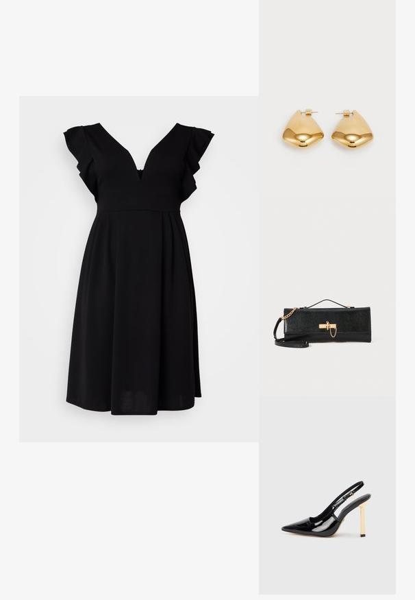 Juoda suknelė su V formos iškirpte, raukšlėtomis trumpomis rankovėmis ir platėjančia siluetu. Pagaminta iš minkštos medžiagos, pasižymi subtilia tekstūra ir užtrauktuku.; Juodas patentuotas odos aukštakulnis batelis su smailiu kojų pirštu ir auksinės spalvos kvadratiniu kulno akcentu. Ilgesnis reguliuojamas kulkšnies dirželis.; Juodas delninukas su tekstūruotu paviršiumi, auksinės grandinėlės dirželiu ir sagties uždarymu. Stačiakampio formos, su elegantišku, minimalizmo stiliumi.; Auksinės metalinės auskarai su lygia, suapvalinta trikampio forma ir užsegimu; blizgus paviršius su minimaliais dekoratyviniais elementais.