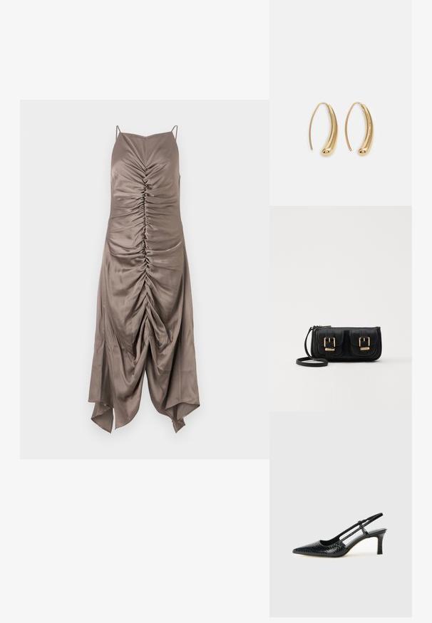 Abito in satin marrone con spalline sottili, caratterizzato da dettagli arricciati nella parte anteriore e un orlo asimmetrico, texture liscia e forma aderente.; Slingback con tacco in vernice nera con punta affusolata, caratterizzato da una stampa a serpente testurizzata, cinturino regolabile e un tacco corto e testurizzato.; Borsa a tracolla nera in pelle con due tasche frontali, fibbie dorate, chiusura con zip e una tracolla sottile. Superficie texturizzata e forma rettangolare compatta.; Orecchini a cerchio in metallo color oro con forma curva ed allungata. Presentano una superficie liscia e lucida e una punta arrotondata per un tocco di dettaglio in più.