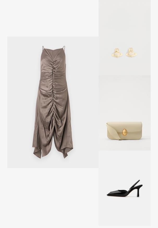 Barna selyemruha spagetti pántokkal, elöl gyűrt részletezéssel és magas-lábú szegéllyel, sima textúrával és testhezálló fazonnal.; Fekete bőr szandál sarkú cipő hegyes orral, minimalist designnal, vékony bokapánttal és karcsú tűsarkúval. Sima textúra.; Beige bőrtáska sima textúrával, téglalap alakban, arany ovális zárral. Hosszú, állítható pánttal rendelkezik.; Arany színű fülbevalók, amelyek a Szaturnusz dizájnját követik, textúrált sávval és beágyazott kör alakú kristályokkal a még nagyobb csillogásért.